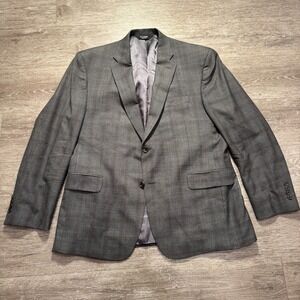 Jos A Bank Sport Coat 44 R Gray Plaid Silk Wool Blend Two Button Blazer Jacket